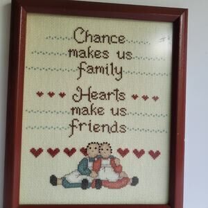 Vintage Completed Cross Stitch Framed Wall Art Family Friends Folk Art 9X 11 1/4